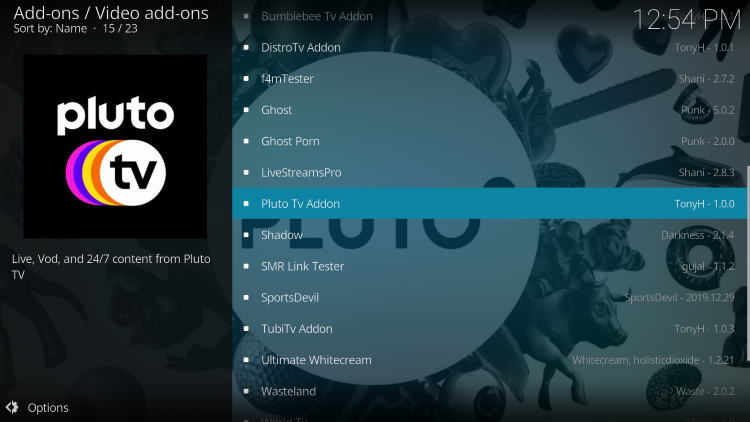 Choose Pluto TV Addon