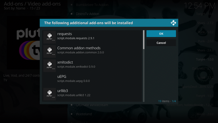Kodi will then prompt the message below stating “The following additional add-ons will be installed”, Click OK