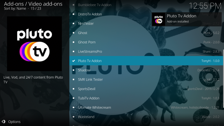 Wait for Pluto TV Addon installed message to appear