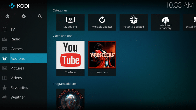 Once the Wrestlers add-on has been installed go back to the Home screen of Kodi. Click Add-ons