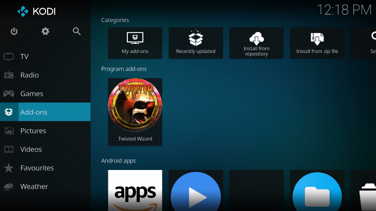 Go back to the home screen of Kodi and select Add-ons.