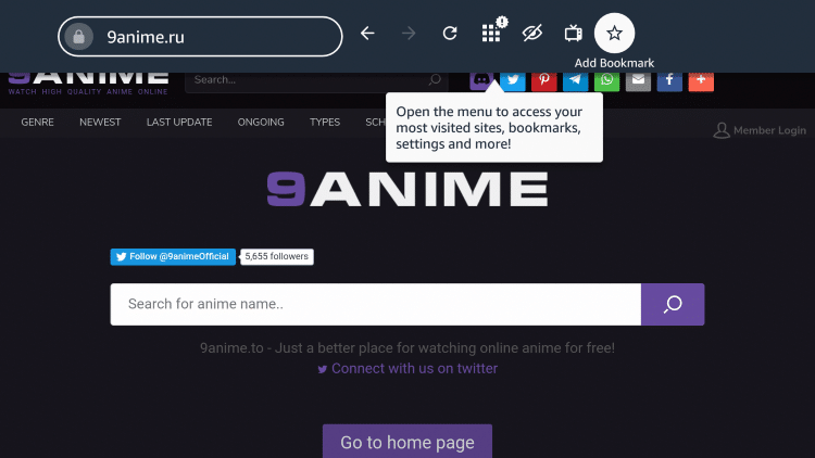 If you want to bookmark the 9Anime website, click the star icon that says "Add Bookmark."