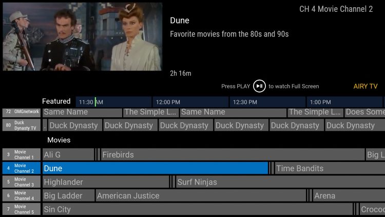 Notice the various options for Live TV and Free Movies & TV Shows that Airy TV has to offer.
