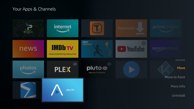 Hover over the Airy TV app and click the Options button on your remote. Then click Move.