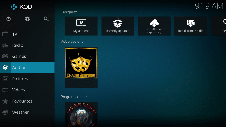 Return back to the home screen of Kodi and select Add-ons