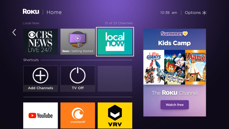 Return back to your Roku home screen and locate Local Now within your channel list