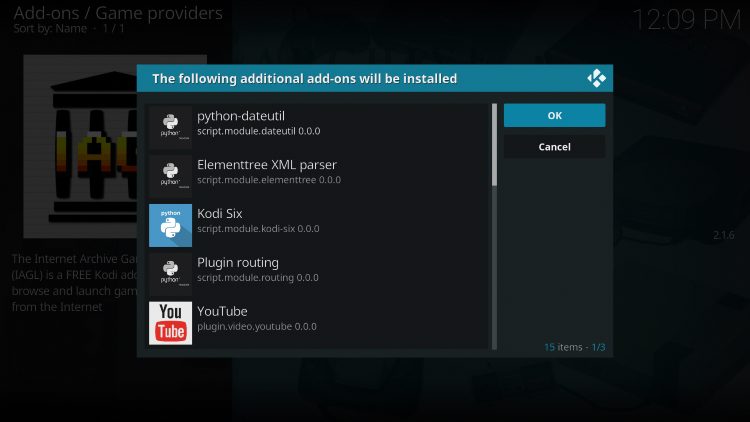 Kodi will then prompt the message below stating “The following additional add-ons will be installed”, Click OK