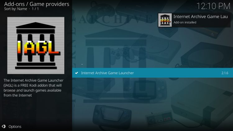 Wait for the Internet Archive Game Launcher Add-on installed message to appear