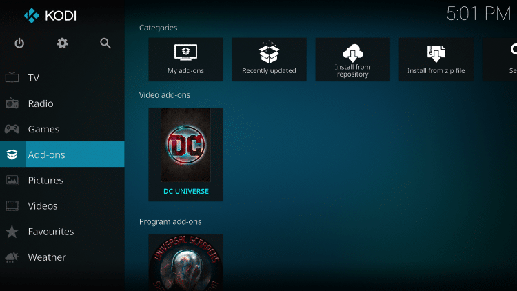 Once the DC Universe video add-on has been installed go back to the Home screen of Kodi. Click Add-ons