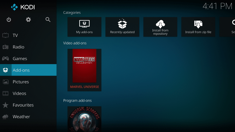 Once the Marvel Universe video add-on has been installed go back to the Home screen of Kodi. Click Add-ons