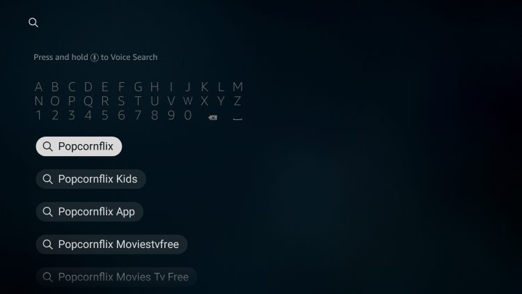From your device home-screen hover over the search icon. Then type in "popcornflix" and select the first option