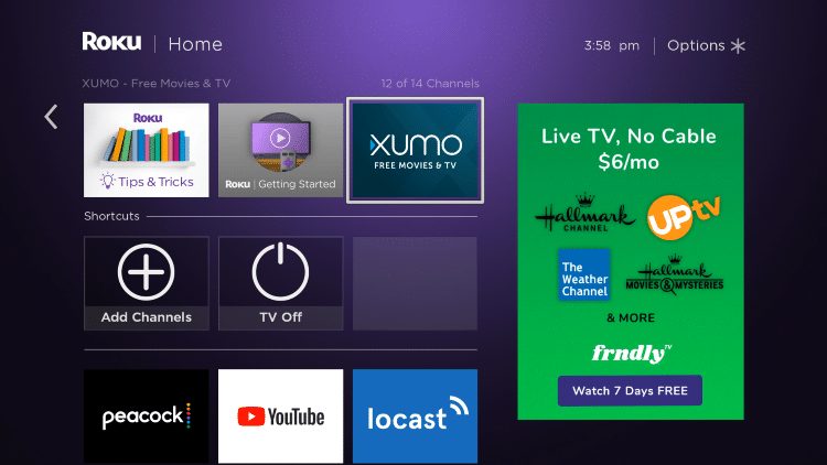 Return to the home screen and find XUMO TV