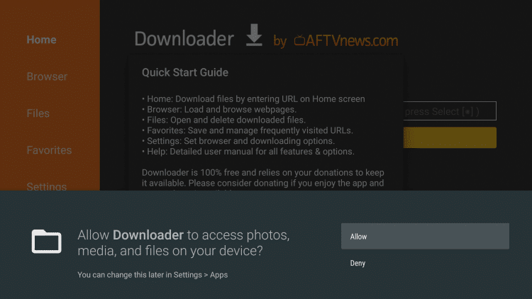 Launch the Downloader app and click Allow