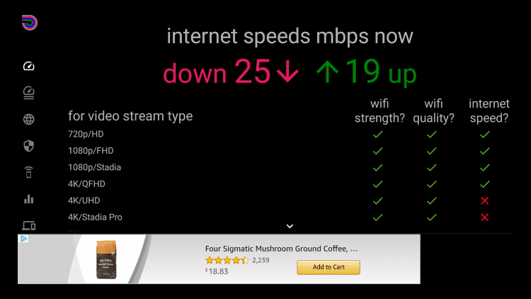 Once you have installed Analiti Speed Teston your Firestick, select the Quick Test option on the left side of the screen.
