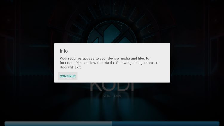 When launching Kodi for the first time click Continue