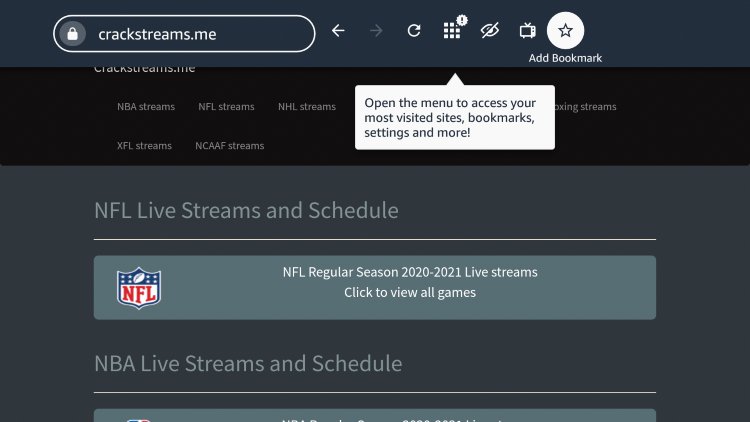 If you want to bookmark the CrackStreams website, click the star icon that says "Add Bookmark."
