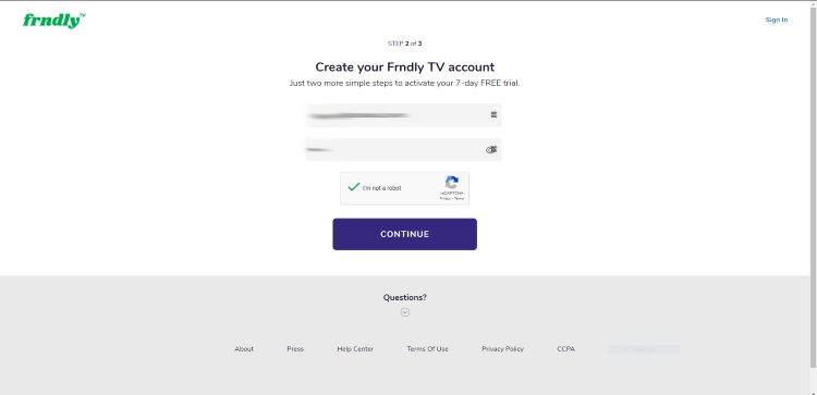 Next, enter an email and password and click Continue.