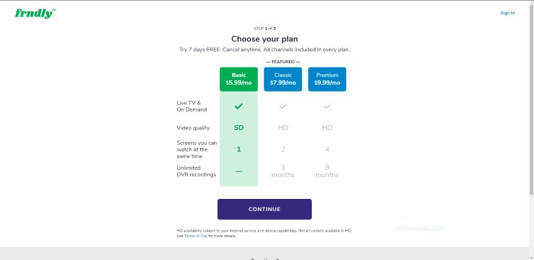 Next, choose your plan. For this example, we chose the basic Basic plan on the left. Click Continue.