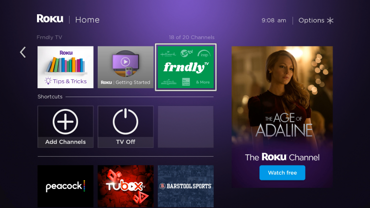 Return back to the home screen on your Roku device and locate the Frndly TV app