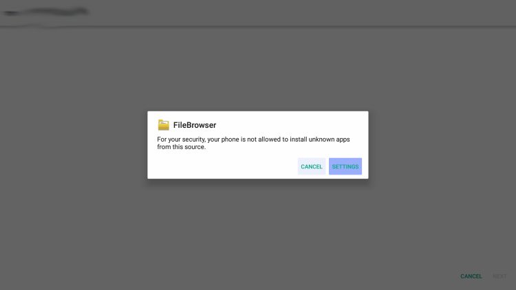 If you see the message 'For your security, your phone is not allowed to install unknown apps from this source.' Click the Settings button.