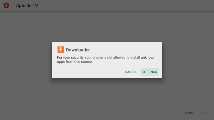 If you haven't enabled unknown sources for Downloader this screen will appear. Click Settings.