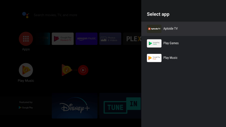 Return to the home screen and click the favorites icon (plus sign) and select Aptoide TV.