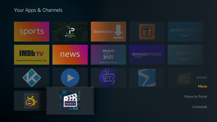 Scroll down to hover over Morpheus TV and click the Options button (3 horizontal lines). Then click Move