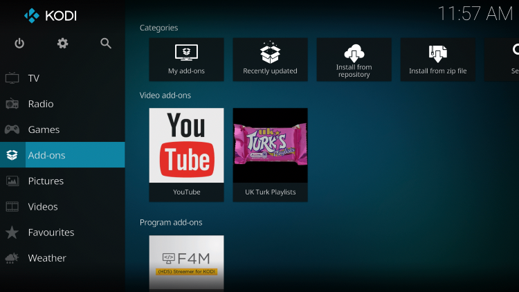 Return back to the home screen of Kodi and select Add-ons