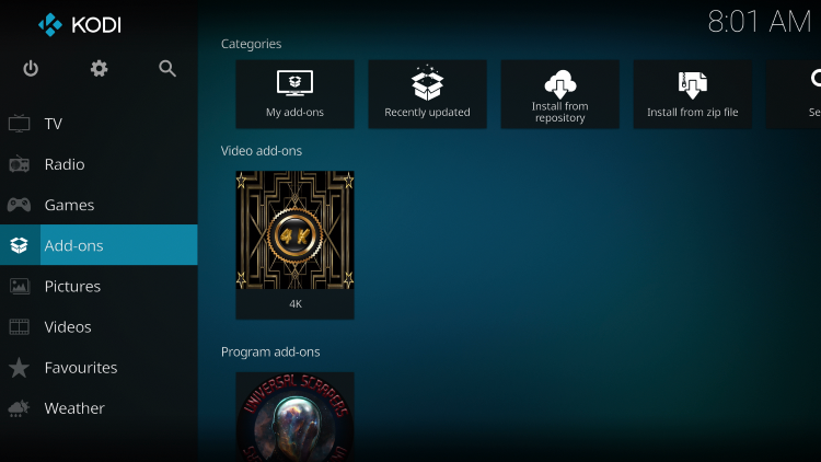 Return back to the home screen of Kodi and select Add-ons
