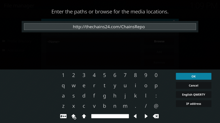 Type the following URL exactly how it is listed here - http://thechains24.com/ChainsRepo and click OK