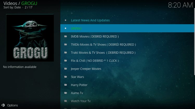 That's it! You have successfully installed the Grogu Kodi Addon