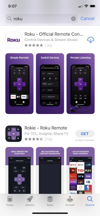 find roku official app and click to install