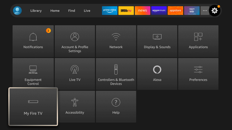 Hover over the Settings icon and select My Fire TV.