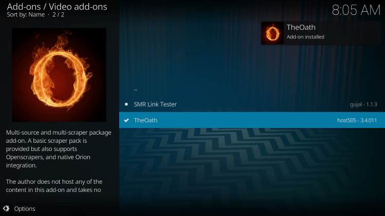 Wait for the oath kodi addon installed message to appear