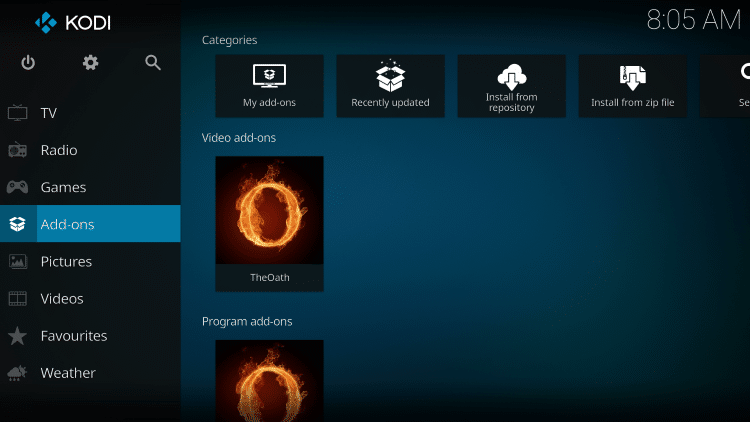 Return back to the home screen of Kodi and select Add-ons