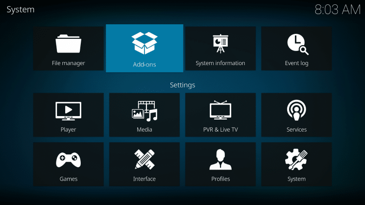 Click your back button on the remote or keyboard until you are back on the System screen to find the oath kodi addon