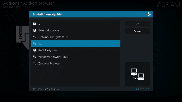 Choose oath kodi addon or another name you assigned the media source in the previous step