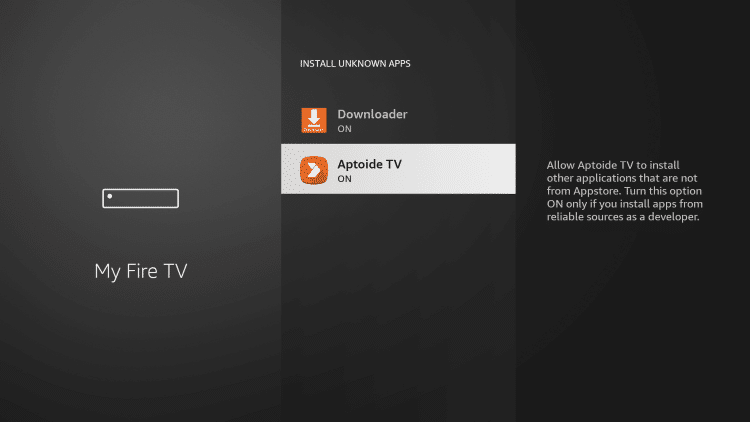 Locate and click Aptoide TV to turn on unknown sources