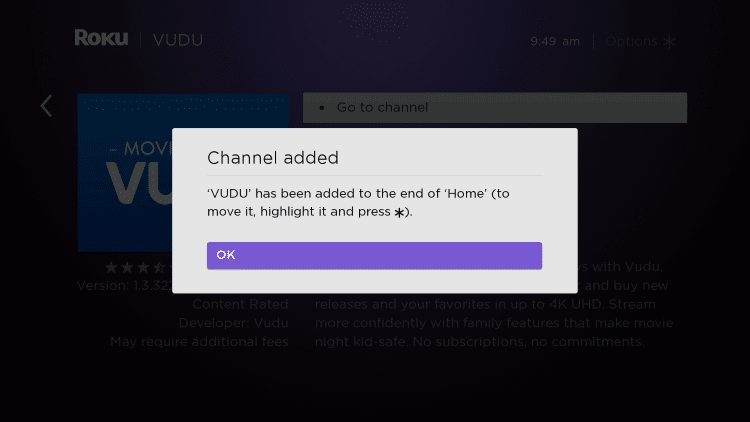 Wait for the Vudu app to install and click OK