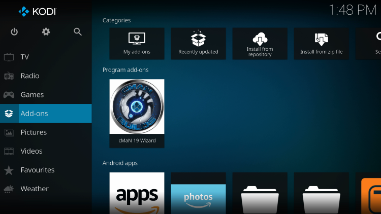 Return to the Kodi home-screen and under add-ons choose cMan 19 Wizard