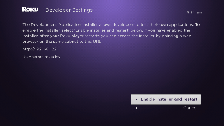 enable developer option in Roku