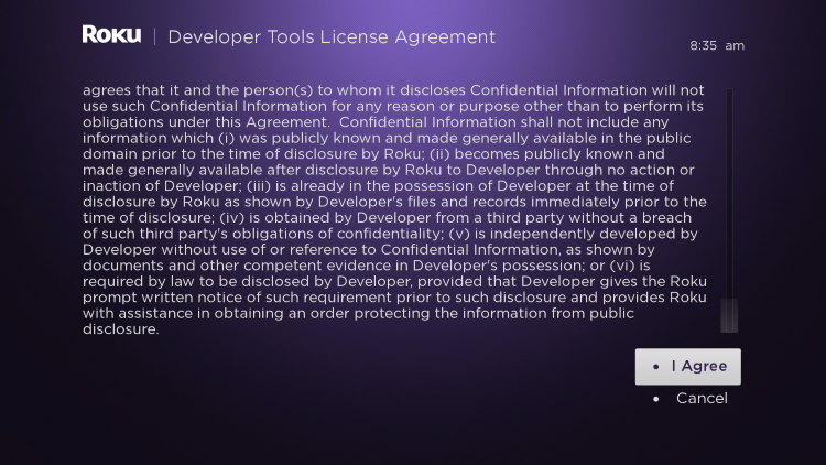 Scroll down and click I Agree to Developer Tools License Agreement to watch iptv on roku