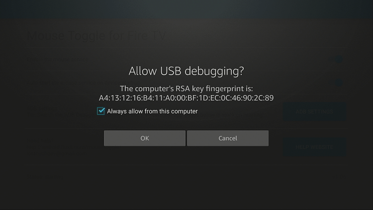 Allow USB Debugging on mouse toggle for fire tv
