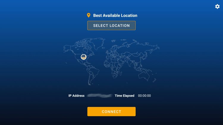 Launch the StrongVPN App on your Firestick/Fire TV and click the Settings icon in the upper right of the screen.