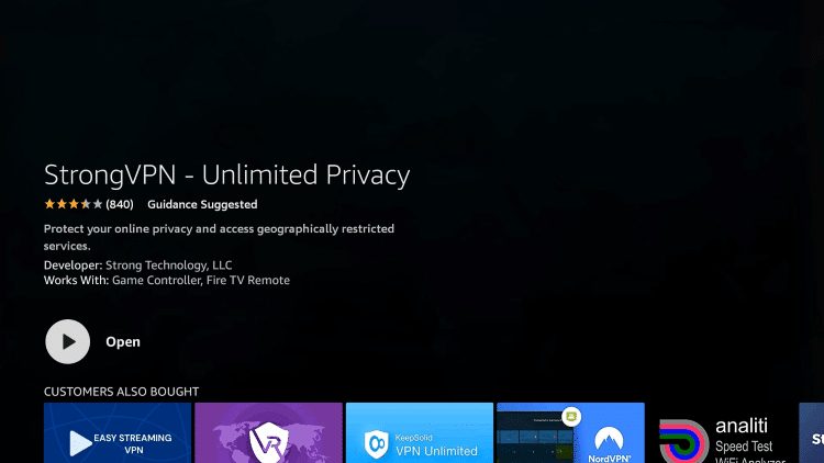 Once the StrongVPN app installs, click Open.