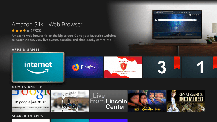 Install the Amazon Silk Browser or any web browser on your Firestick or Fire TV through the Amazon App Store.