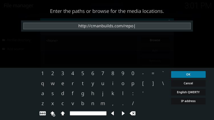 Type the following URL exactly as shown here for installing alienware kodi build