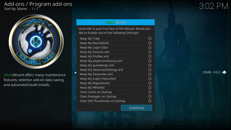 Click Continue for installing alienware kodi build