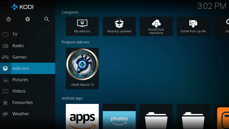 Return to the Kodi home-screen and under add-ons choose cMaN Wizard 19