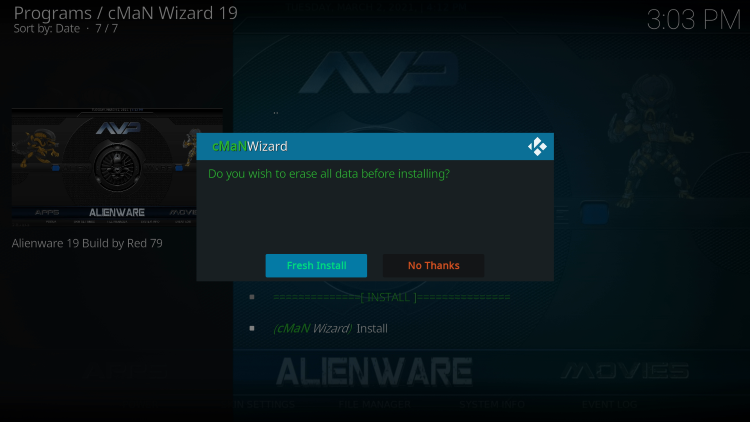 Click Fresh Install alienware kodi build